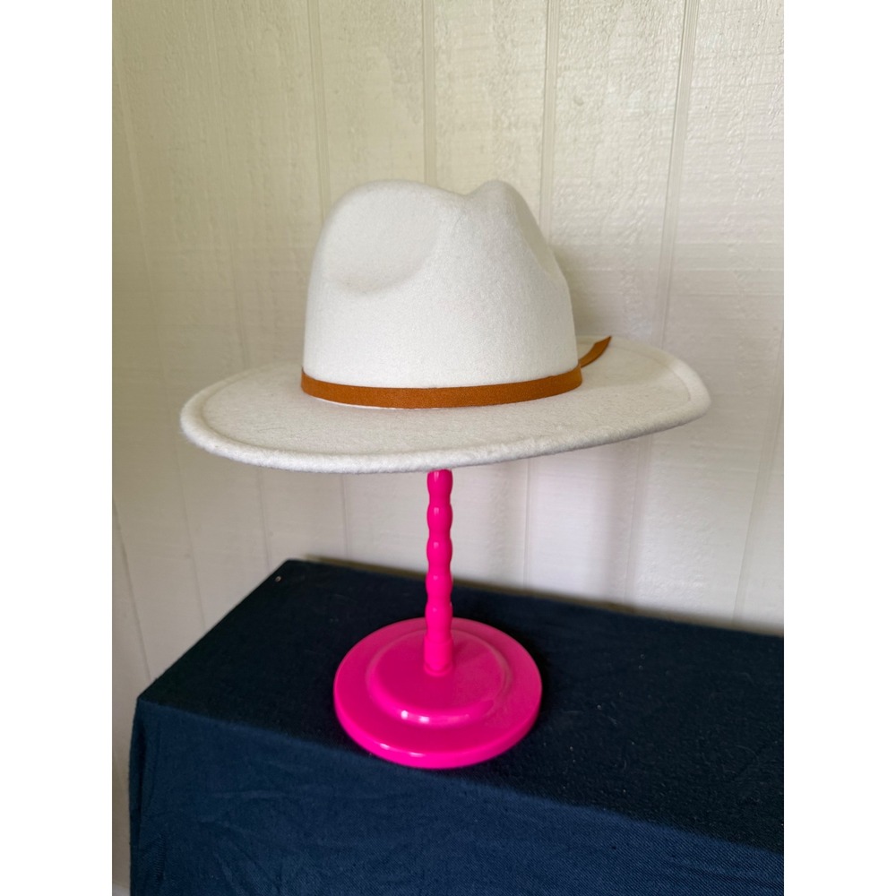 Boutique White Wide Brim Fedora Hat with Tan Band Boho Western Style - Picture 2 of 4